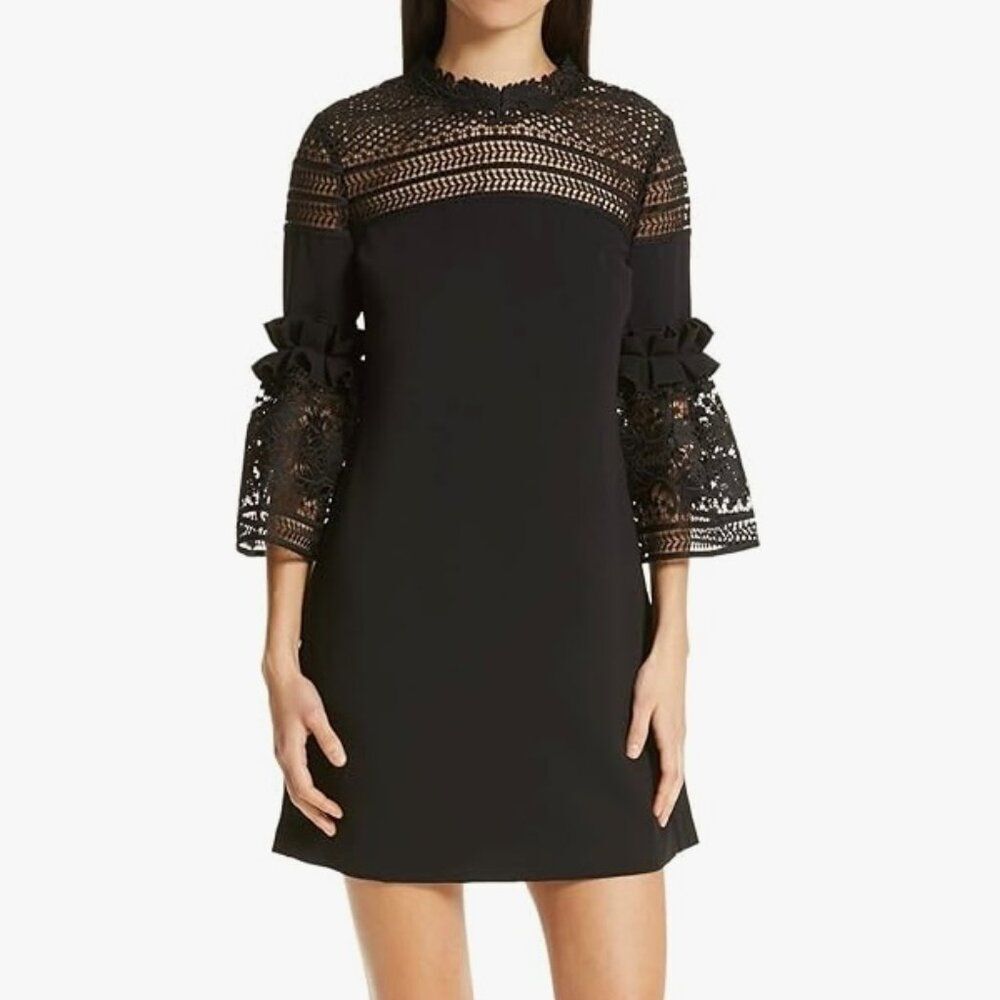 Ted Baker Black Lace Feminine Mini Dress Size L Embroidered Details Classic